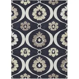 Photo of Black Ivory And Taupe Medallion Washable Indoor Outdoor Area Rug