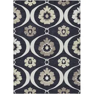 Photo of Black Ivory And Taupe Medallion Washable Indoor Outdoor Area Rug
