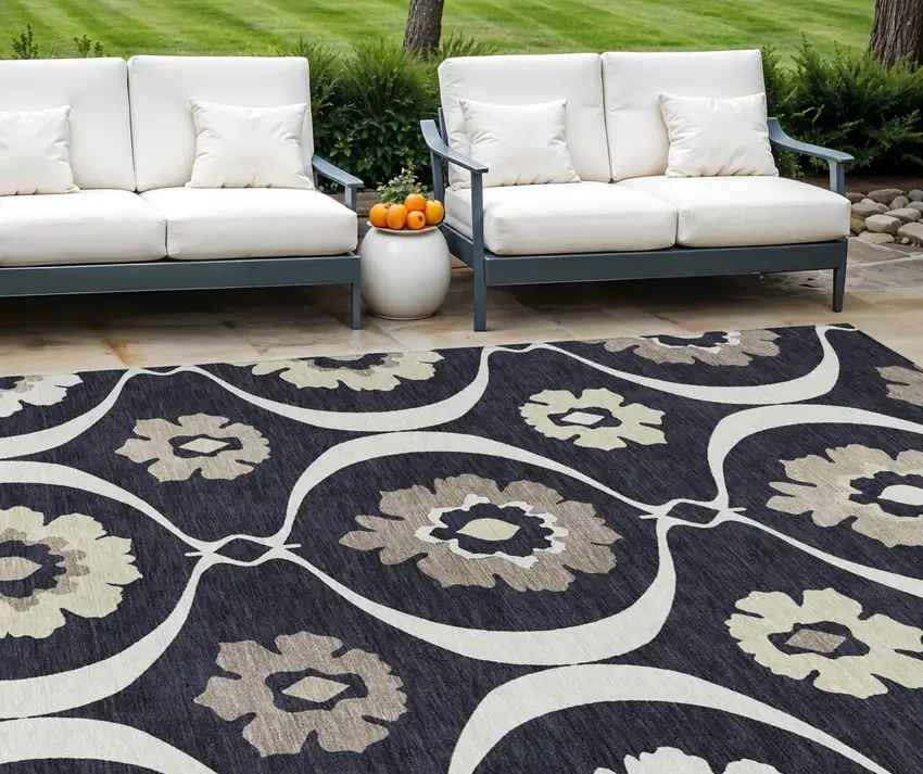 Black Ivory And Taupe Medallion Washable Indoor Outdoor Area Rug Photo 1