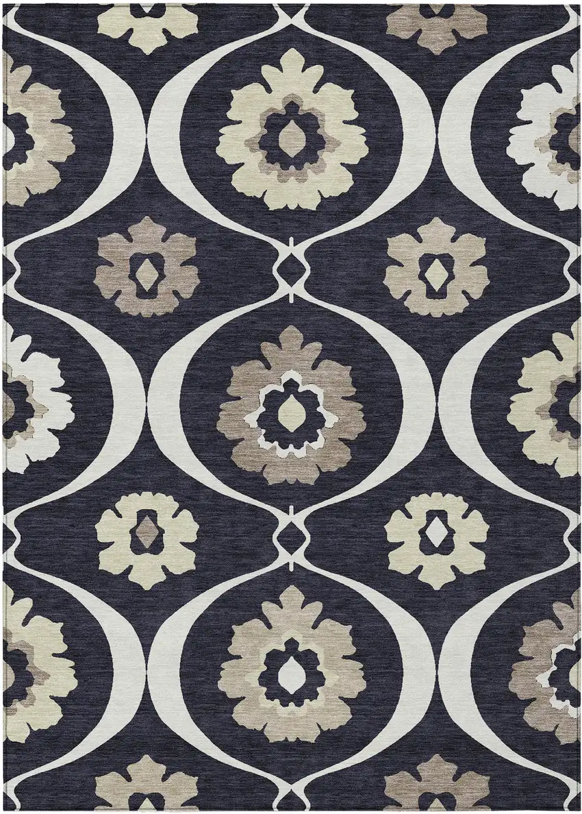 Black Ivory And Taupe Medallion Washable Indoor Outdoor Area Rug Photo 2