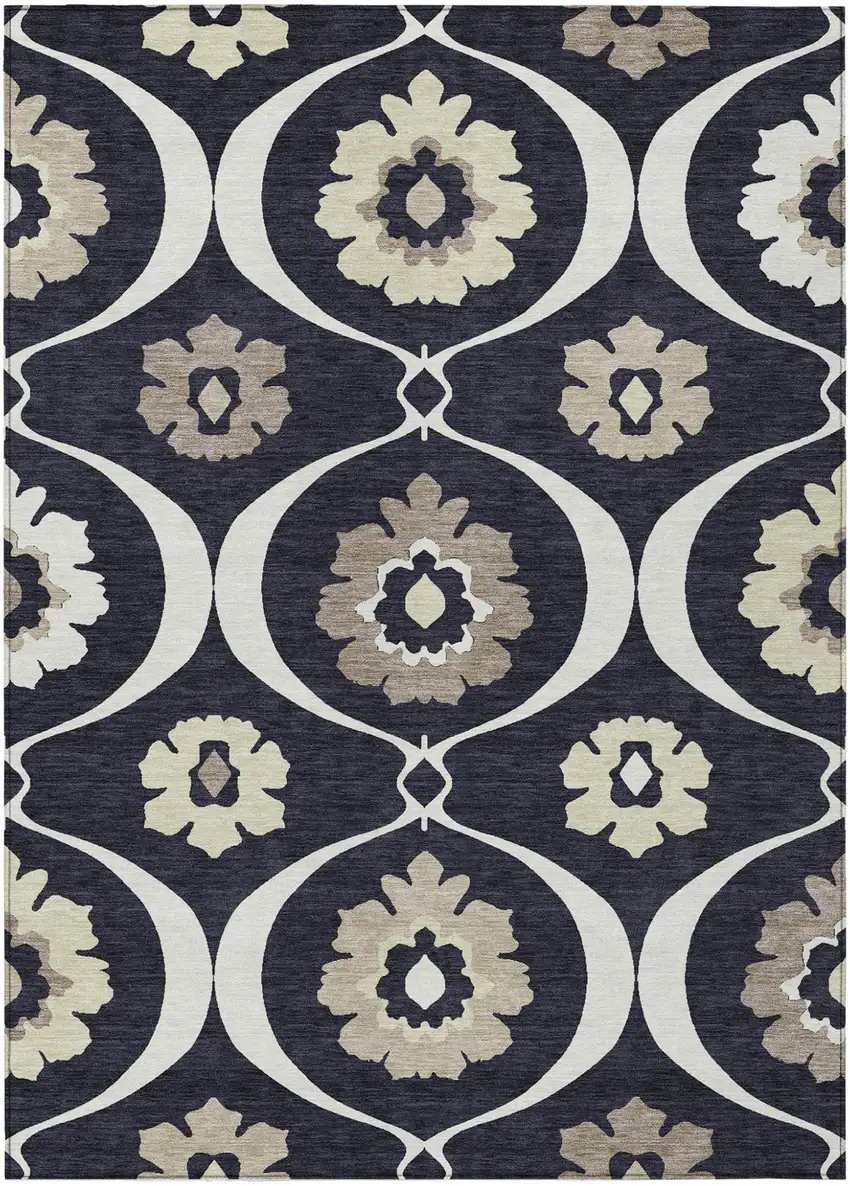 Black Ivory And Taupe Medallion Washable Indoor Outdoor Area Rug Photo 2