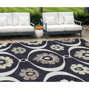 Photo of Black Ivory And Taupe Medallion Washable Indoor Outdoor Area Rug