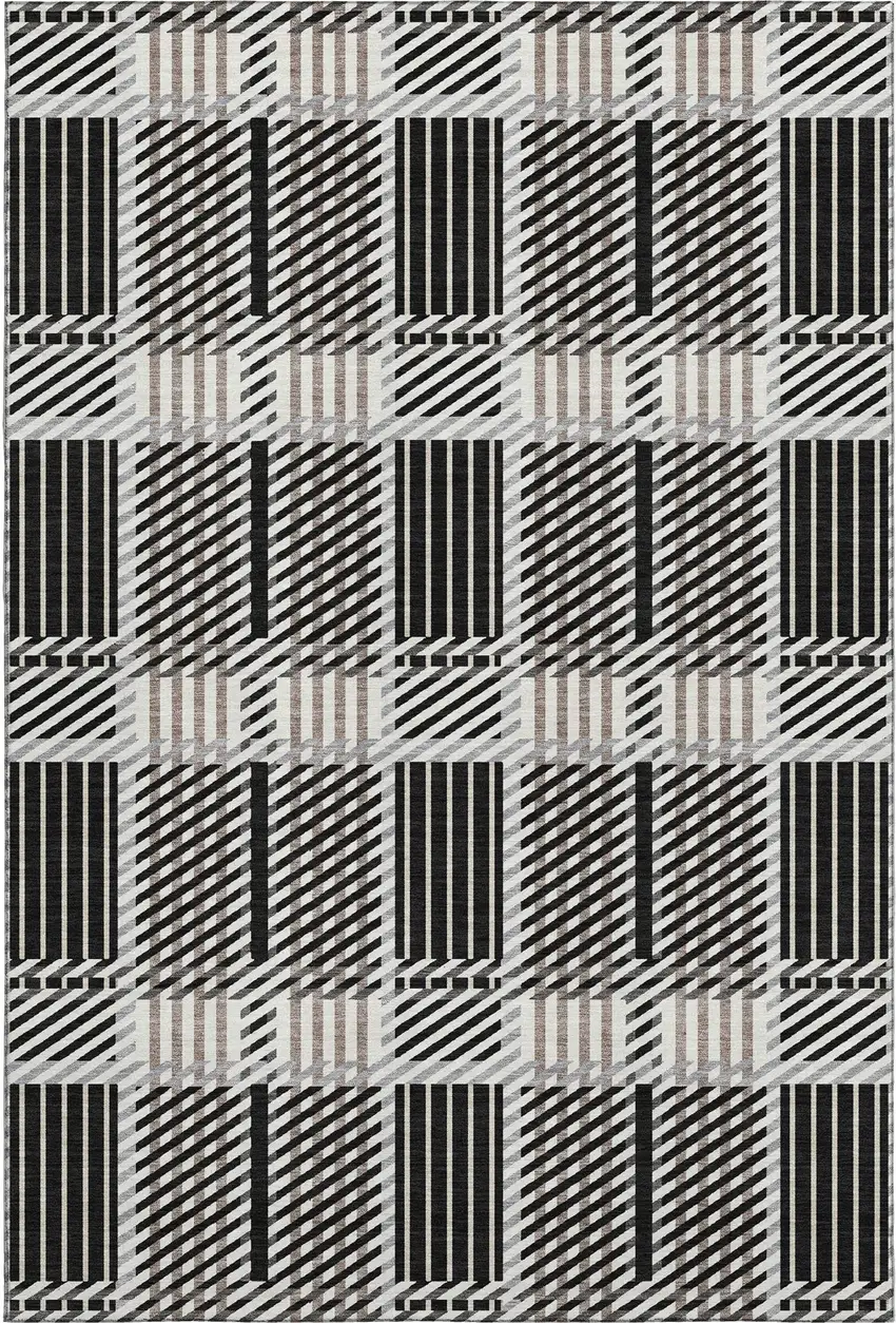 Black Ivory And Taupe Plaid Washable Area Rug With UV Protection Photo 1