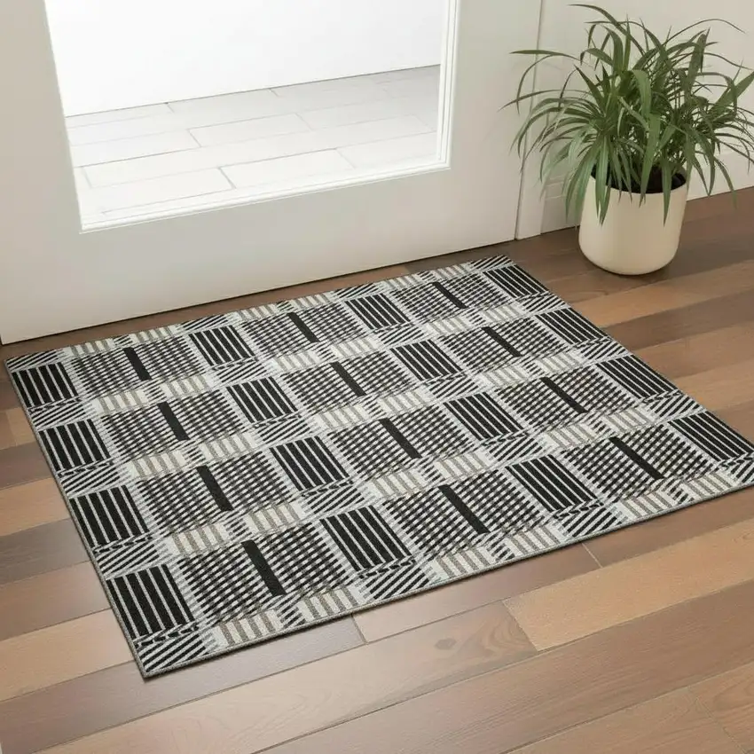 Black Ivory And Taupe Plaid Washable Area Rug With UV Protection Photo 2