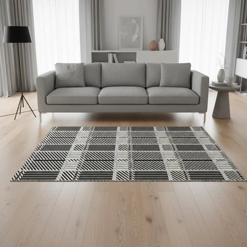 Black Ivory And Taupe Plaid Washable Area Rug With UV Protection Photo 2