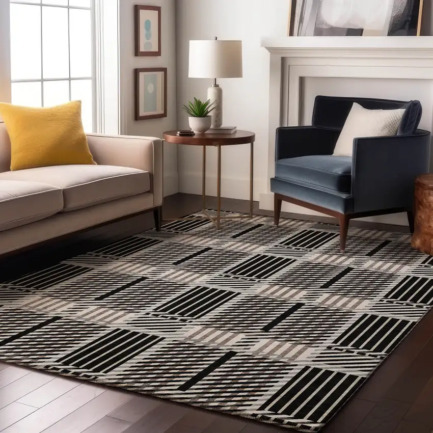 Black Ivory And Taupe Plaid Washable Area Rug With UV Protection Photo 3