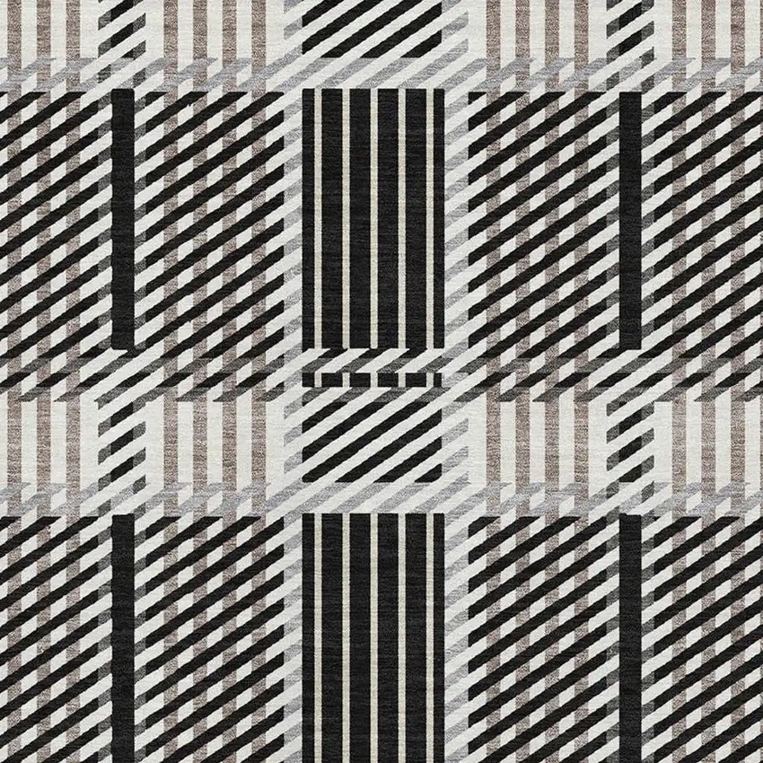 Black Ivory And Taupe Plaid Washable Area Rug With UV Protection Photo 2