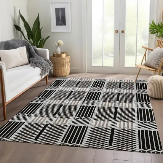 Black Ivory And Taupe Plaid Washable Area Rug With UV Protection Photo 5