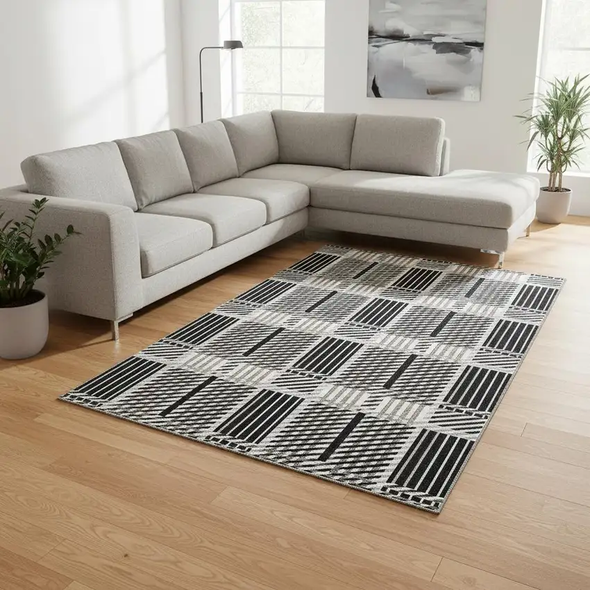 Black Ivory And Taupe Plaid Washable Area Rug With UV Protection Photo 2