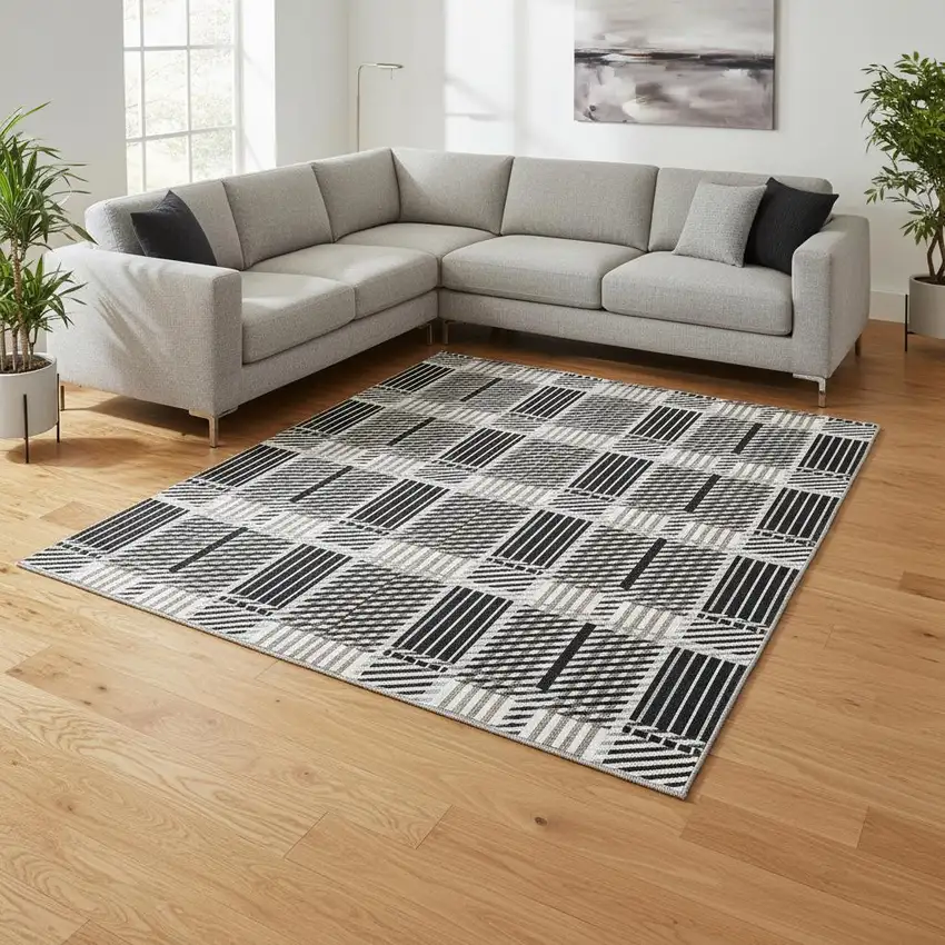 Black Ivory And Taupe Plaid Washable Area Rug With UV Protection Photo 2
