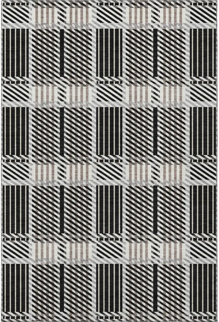 Black Ivory And Taupe Plaid Washable Area Rug With UV Protection Photo 4
