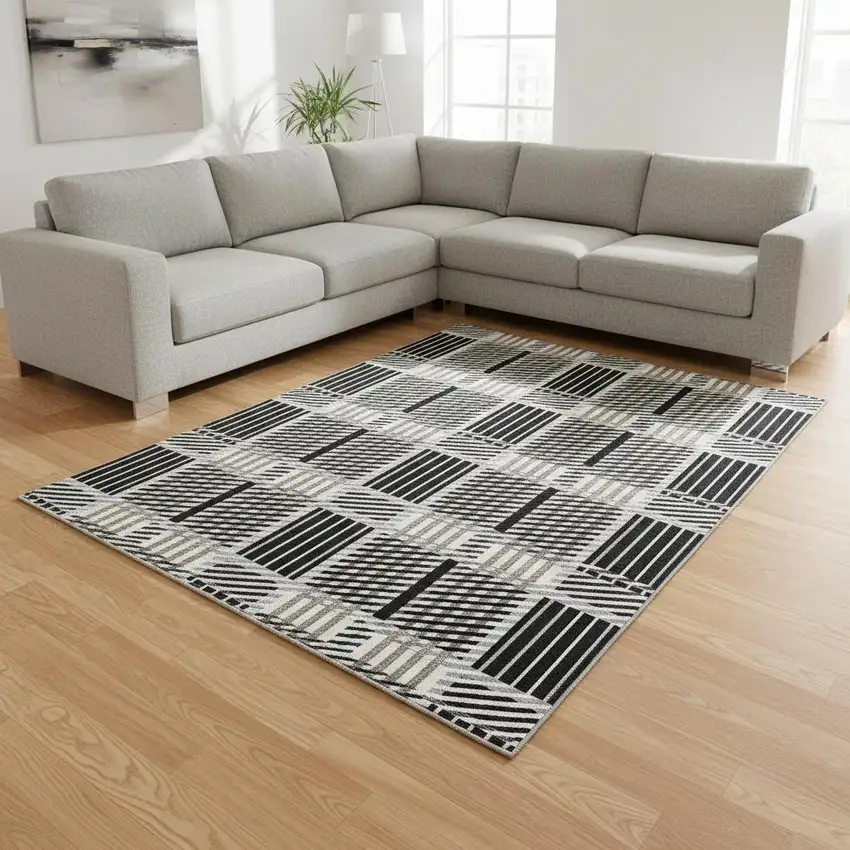 Black Ivory And Taupe Plaid Washable Area Rug With UV Protection Photo 2