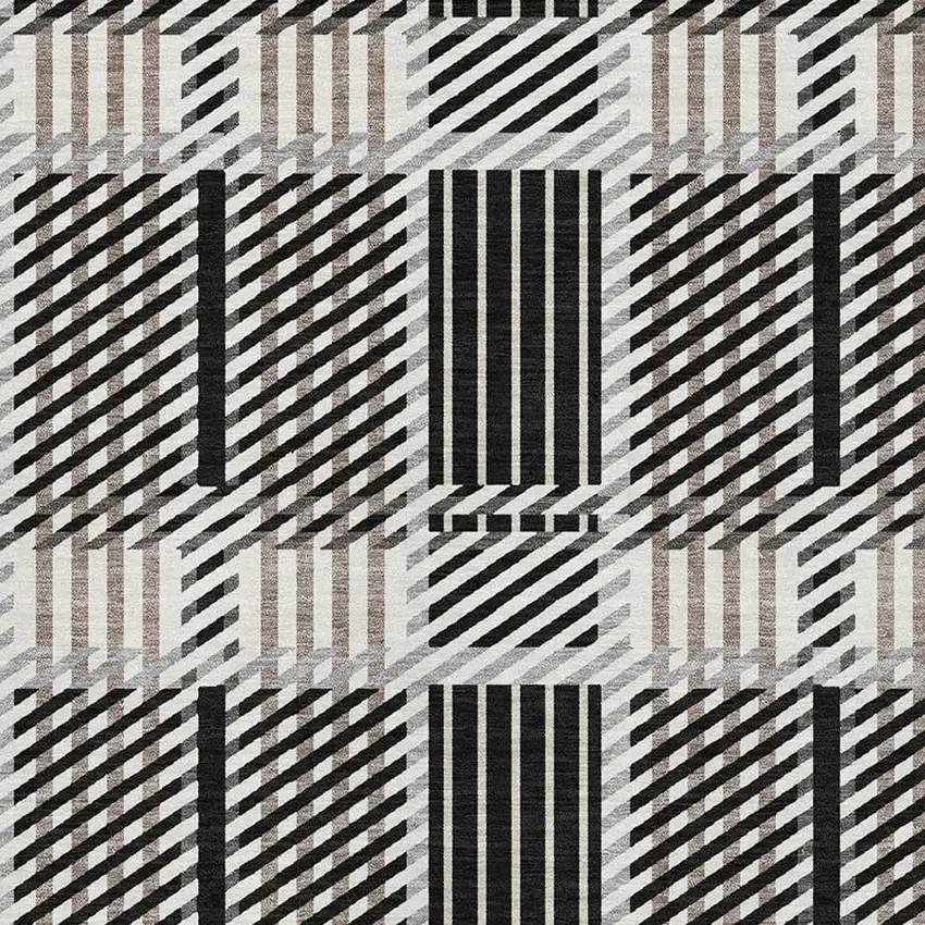 Black Ivory And Taupe Plaid Washable Area Rug With UV Protection Photo 2