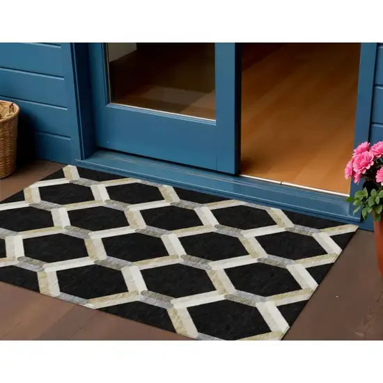 Black Ivory And Wheat Geometric Washable Indoor Outdoor Area Rug Photo 1