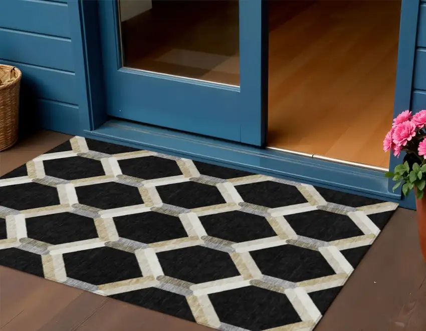 Black Ivory And Wheat Geometric Washable Indoor Outdoor Area Rug Photo 1