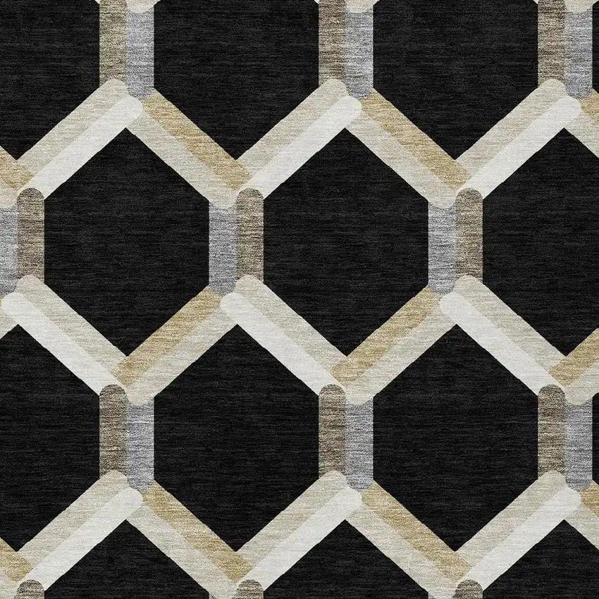 Black Ivory And Wheat Geometric Washable Indoor Outdoor Area Rug Photo 7