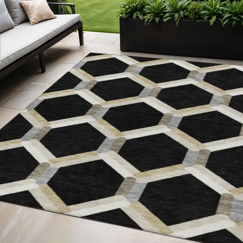 Black Ivory And Wheat Geometric Washable Indoor Outdoor Area Rug Photo 1