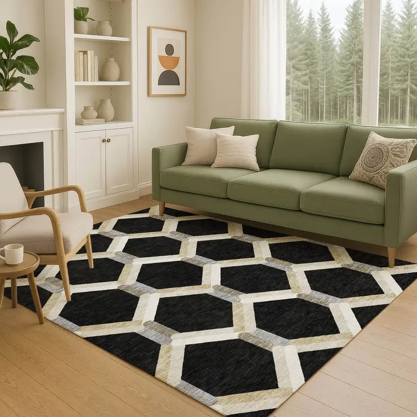 Black Ivory And Wheat Geometric Washable Indoor Outdoor Area Rug Photo 9