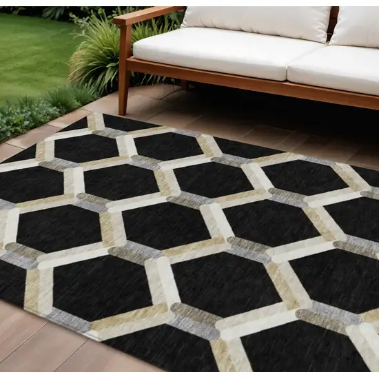 Black Ivory And Wheat Geometric Washable Indoor Outdoor Area Rug Photo 1