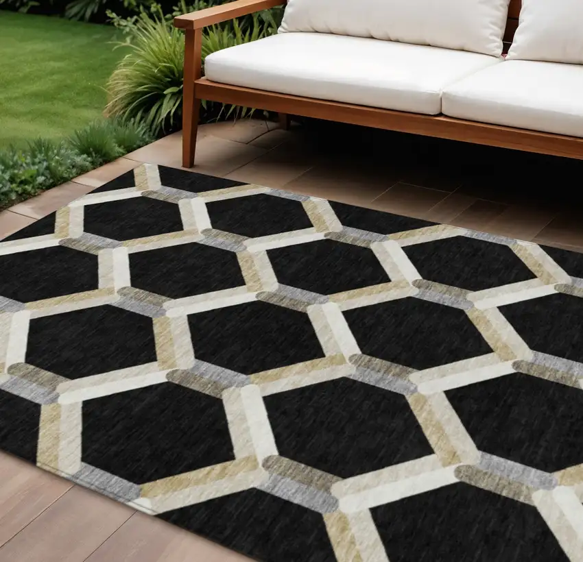Black Ivory And Wheat Geometric Washable Indoor Outdoor Area Rug Photo 1