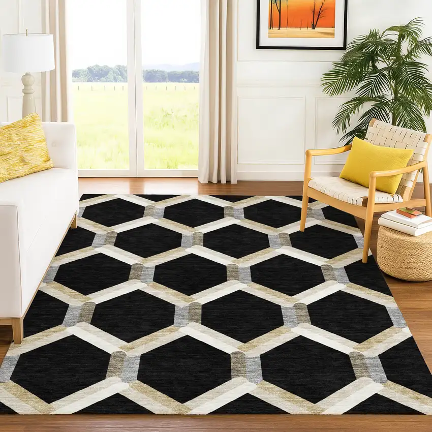 Black Ivory And Wheat Geometric Washable Indoor Outdoor Area Rug Photo 9