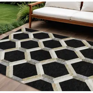 Photo of Black Ivory And Wheat Geometric Washable Indoor Outdoor Area Rug