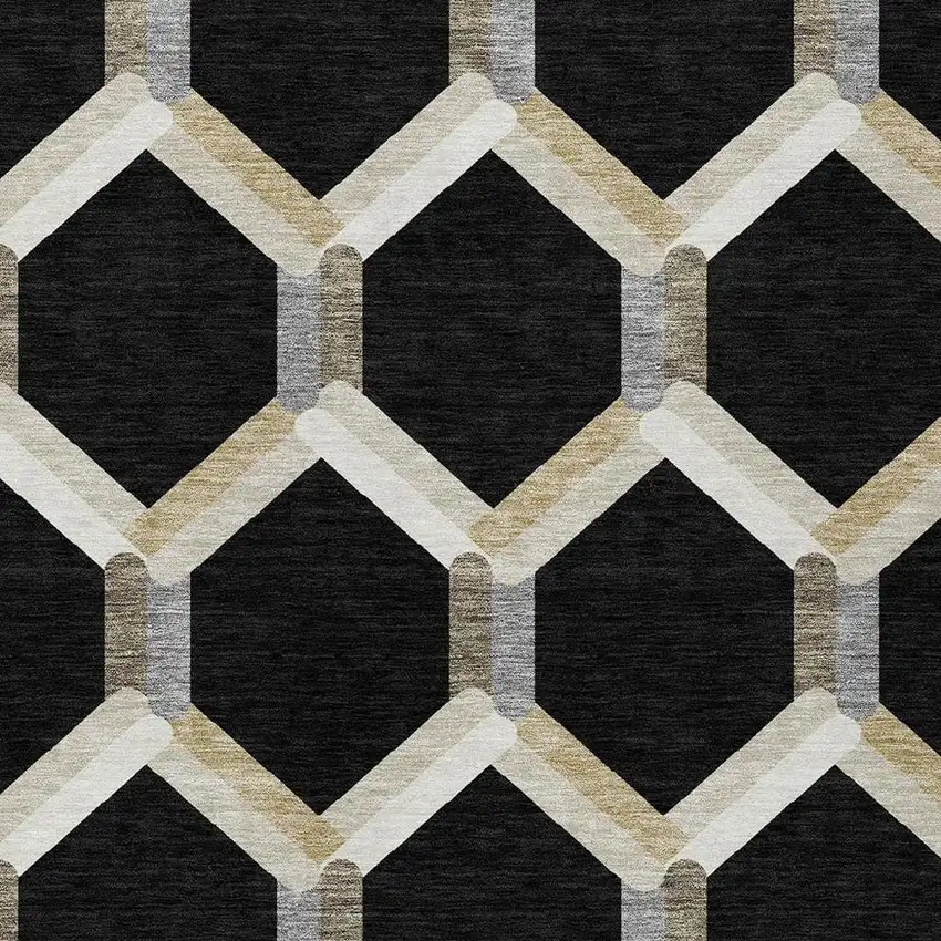 Black Ivory And Wheat Geometric Washable Indoor Outdoor Area Rug Photo 7