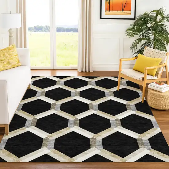 Black Ivory And Wheat Geometric Washable Indoor Outdoor Area Rug Photo 9