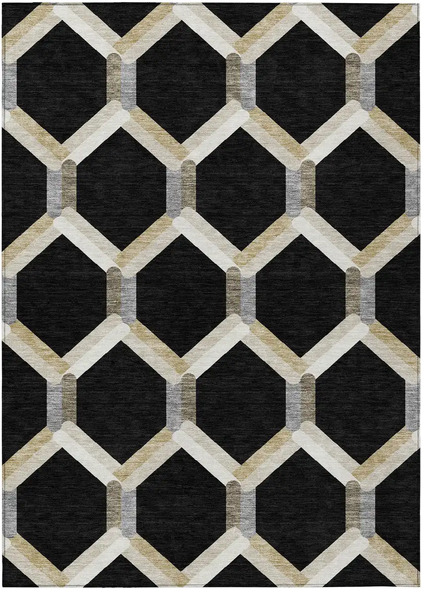 Black Ivory And Wheat Geometric Washable Indoor Outdoor Area Rug Photo 2