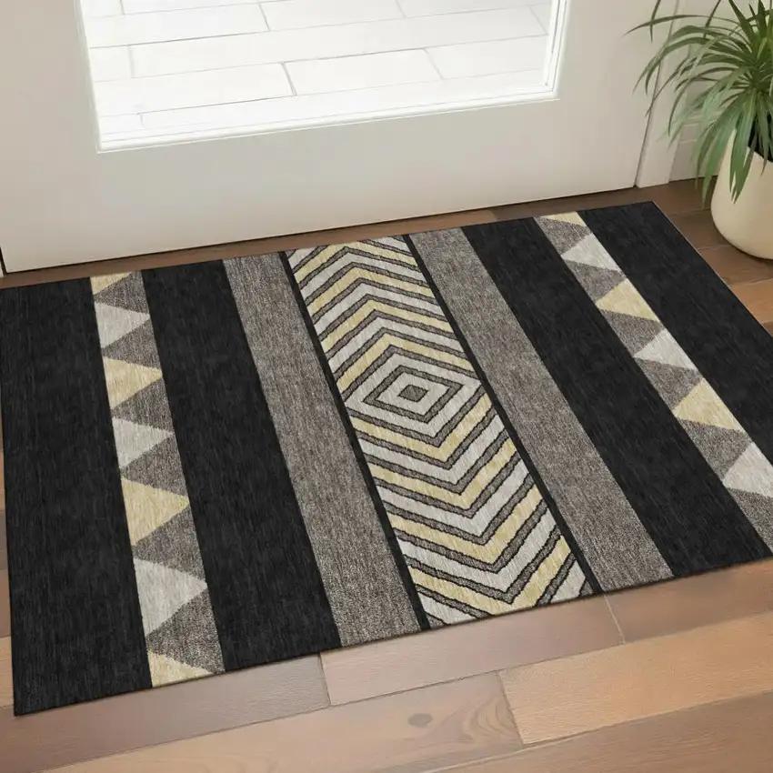 Black Ivory And Wheat Southwestern Washable Area Rug With UV Protection Photo 1