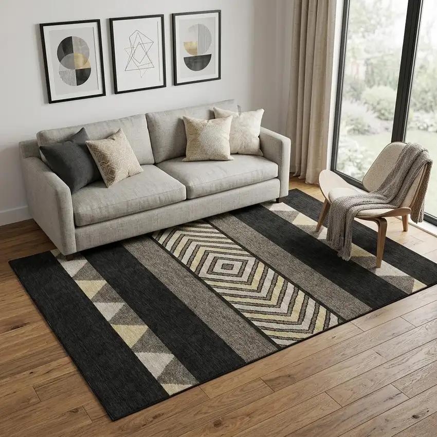 Black Ivory And Wheat Southwestern Washable Area Rug With UV Protection Photo 1
