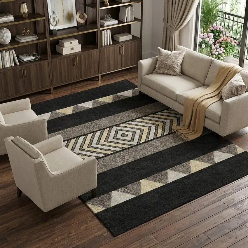 Black Ivory And Wheat Southwestern Washable Area Rug With UV Protection Photo 1