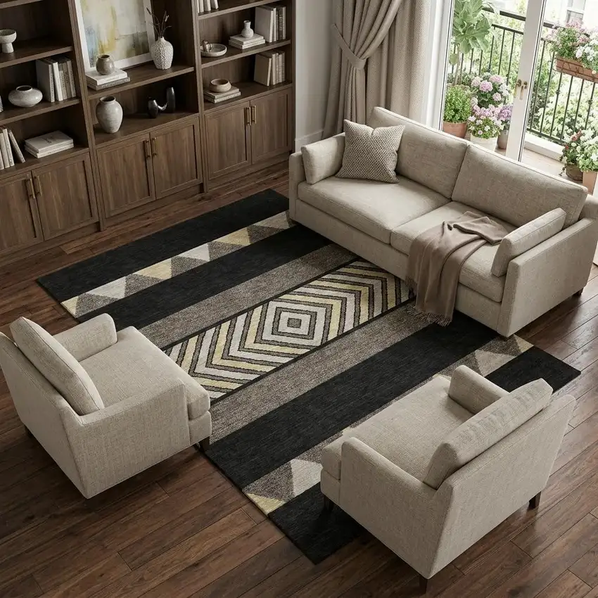 Black Ivory And Wheat Southwestern Washable Area Rug With UV Protection Photo 1