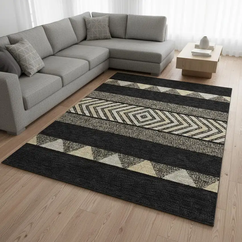 Black Ivory And Wheat Southwestern Washable Area Rug With UV Protection Photo 2