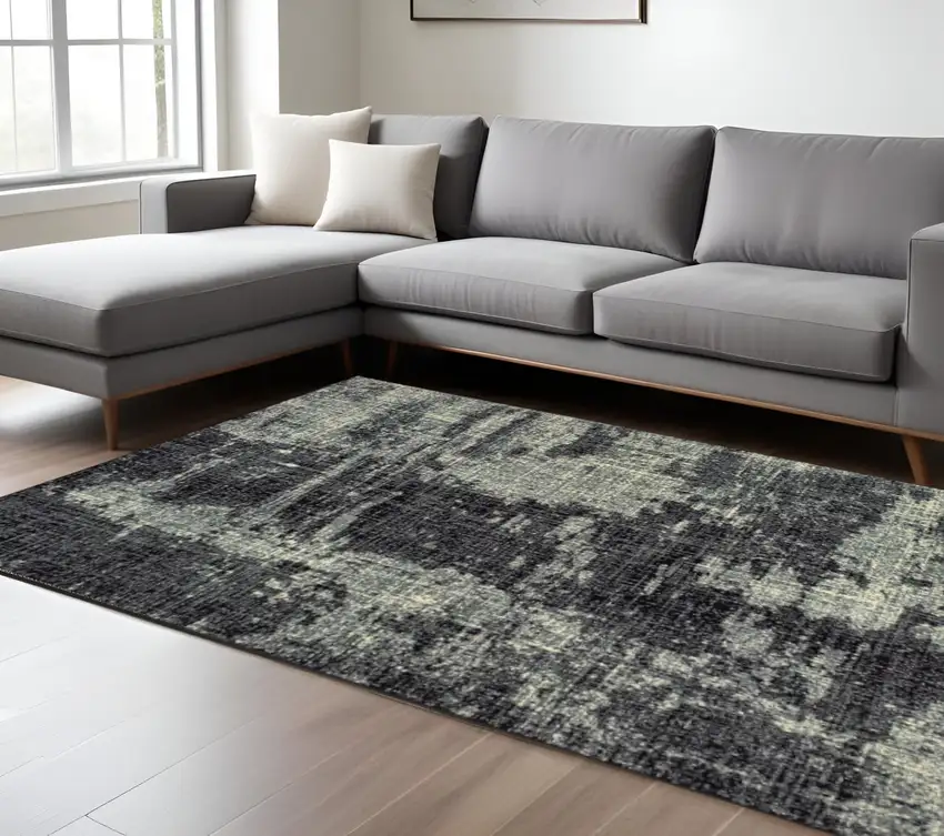 Black And Ivory Abstract Distressed Area Rug Photo 2