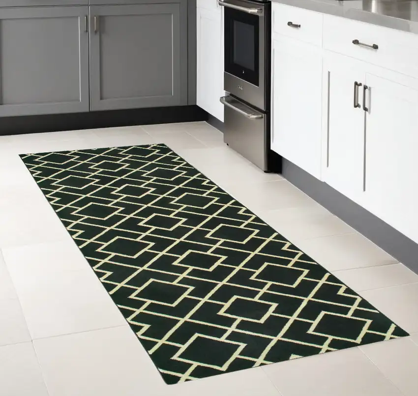 8' Black Ivory Machine Woven Geometric Diamonds Indoor Runner Rug Photo 1