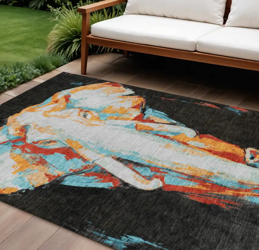 Black Ivory Orange And Red Elephant Washable Indoor Outdoor Area Rug Photo 1