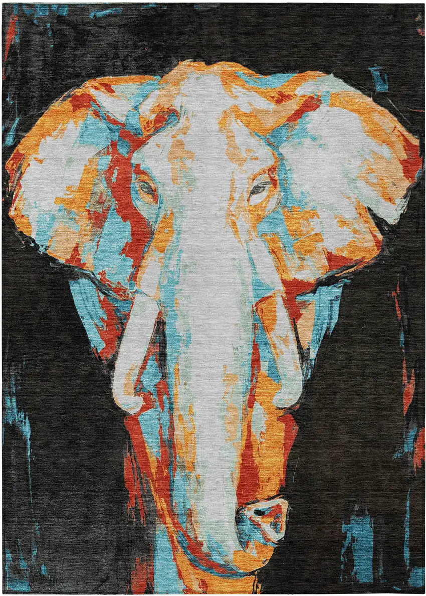 Black Ivory Orange And Red Elephant Washable Indoor Outdoor Area Rug Photo 2