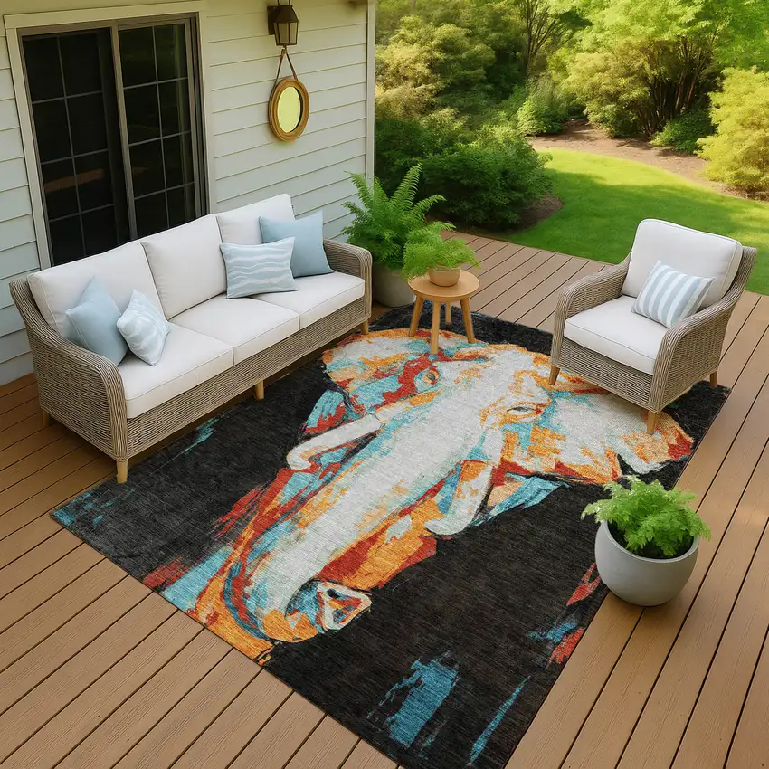 Black Ivory Orange And Red Elephant Washable Indoor Outdoor Area Rug Photo 9