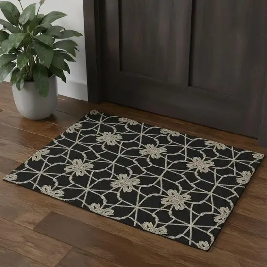 Black Khaki And Beige Geometric Washable Area Rug With UV Protection Photo 1