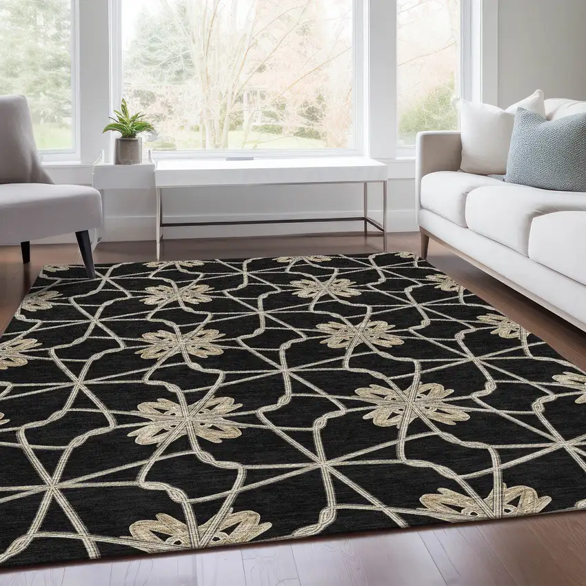 Black Khaki And Beige Geometric Washable Area Rug With UV Protection Photo 6