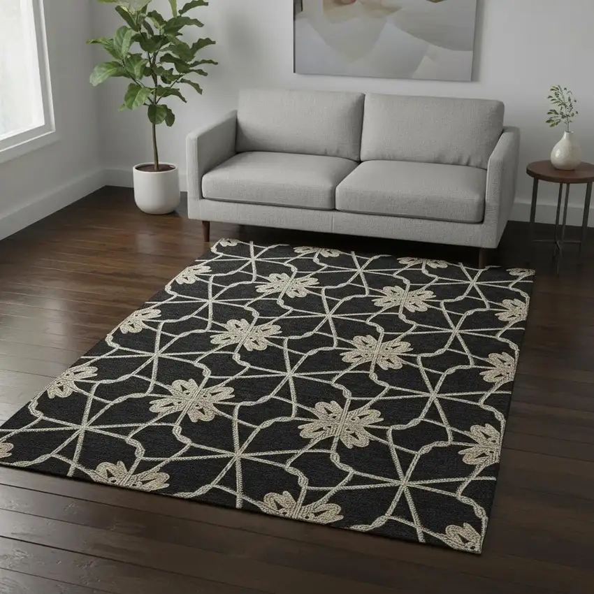 Black Khaki And Beige Geometric Washable Area Rug With UV Protection Photo 2