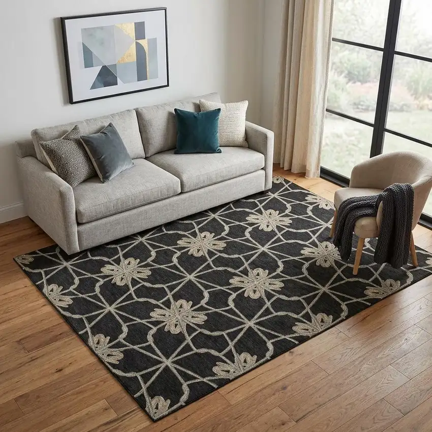Black Khaki And Beige Geometric Washable Area Rug With UV Protection Photo 1