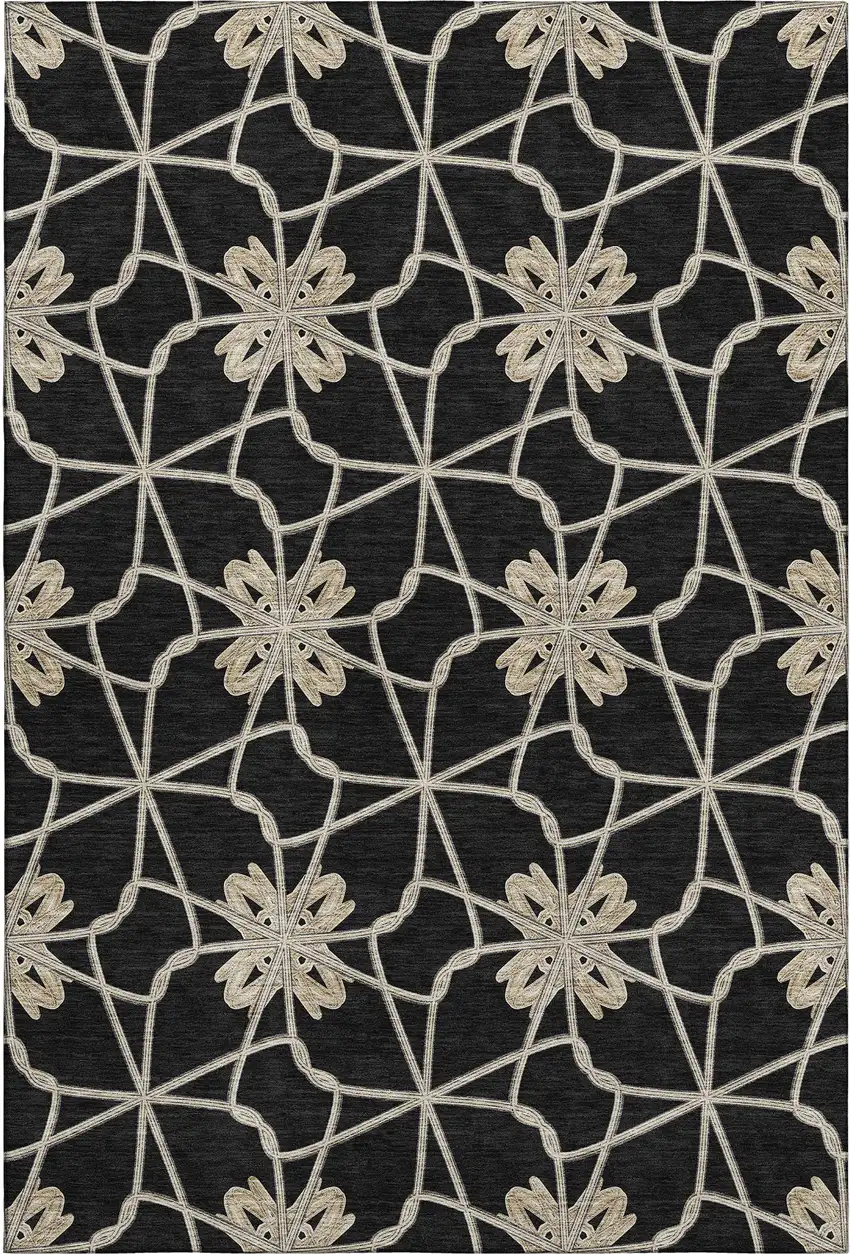 Black Khaki And Beige Geometric Washable Area Rug With UV Protection Photo 1