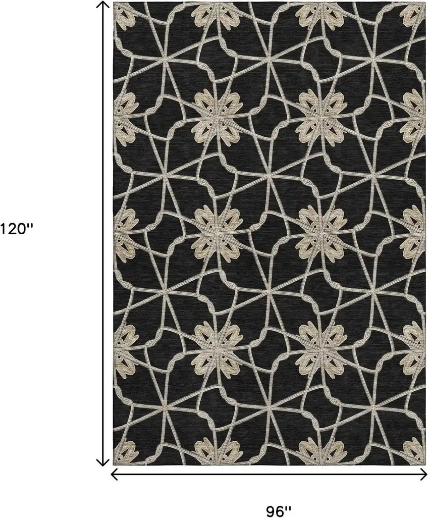 Black Khaki And Beige Geometric Washable Area Rug With UV Protection Photo 9