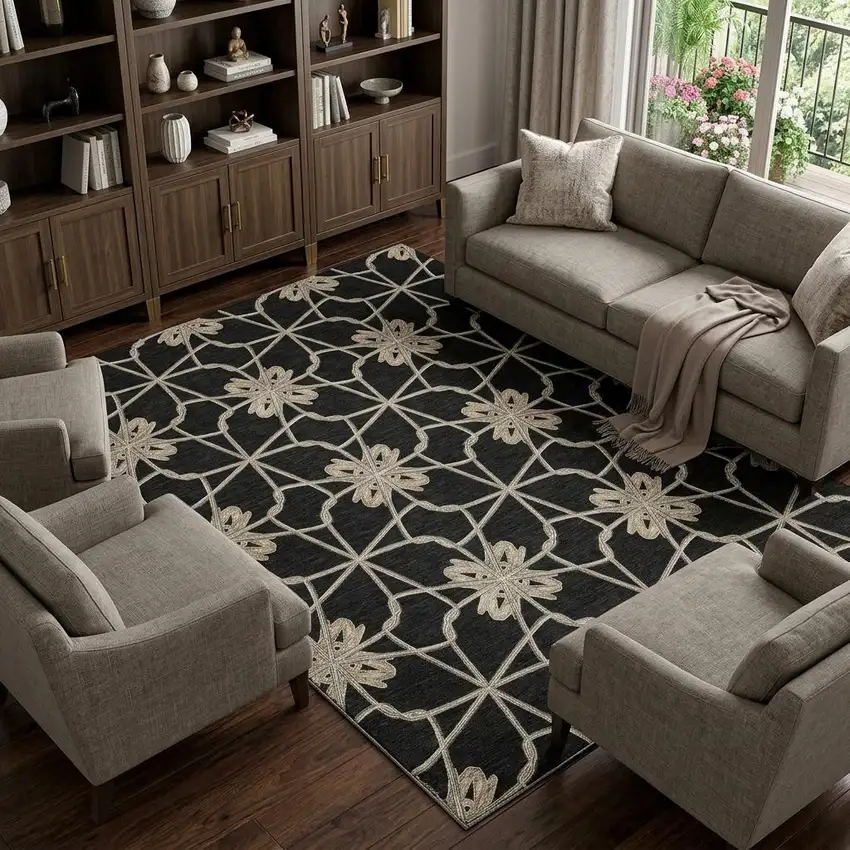 Black Khaki And Beige Geometric Washable Area Rug With UV Protection Photo 1