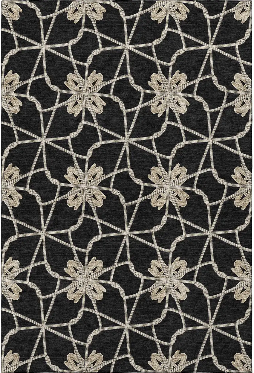 Black Khaki And Beige Geometric Washable Area Rug With UV Protection Photo 2