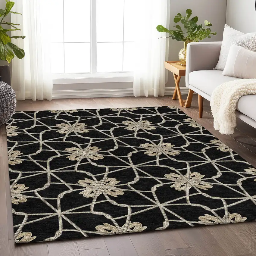 Black Khaki And Beige Geometric Washable Area Rug With UV Protection Photo 3