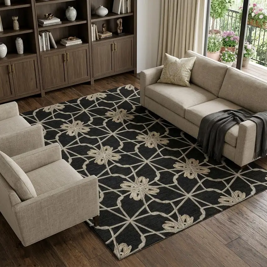 Black Khaki And Beige Geometric Washable Area Rug With UV Protection Photo 1
