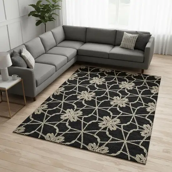 Black Khaki And Beige Geometric Washable Area Rug With UV Protection Photo 2